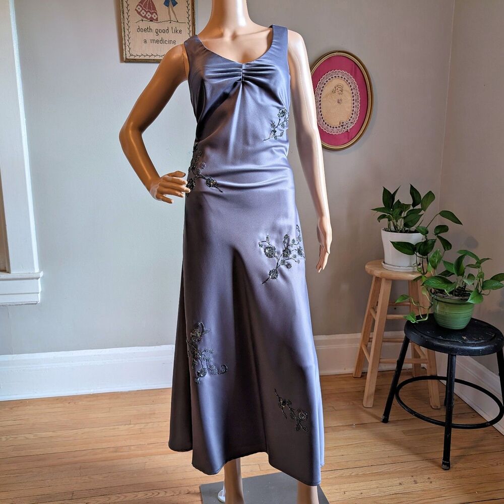 Vintage Y2K Newport News Satin Midi Dress Gray Beaded Sequin Whimsygoth Size 8P